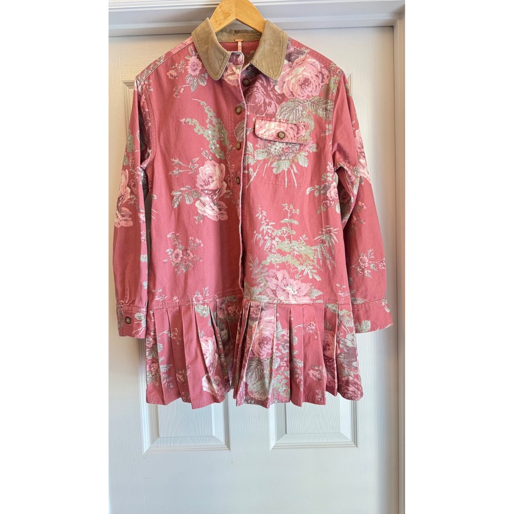 Free People Shirt Dress Womens XS Pink Floral Corduroy Collar Pleated Drop Waist